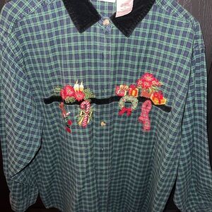 Women’s Green Plaid V-Neck Sweater with Holiday Embroidery